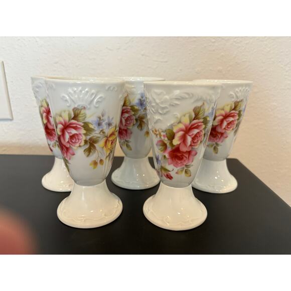 Vtg Limoges G. Labesse Porcelaine Goblets Parfait Cups Country Roses Chaby Chic - Picture 1 of 4